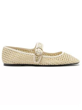 Cream Woven Mary Jane Flats with Buckle Strap